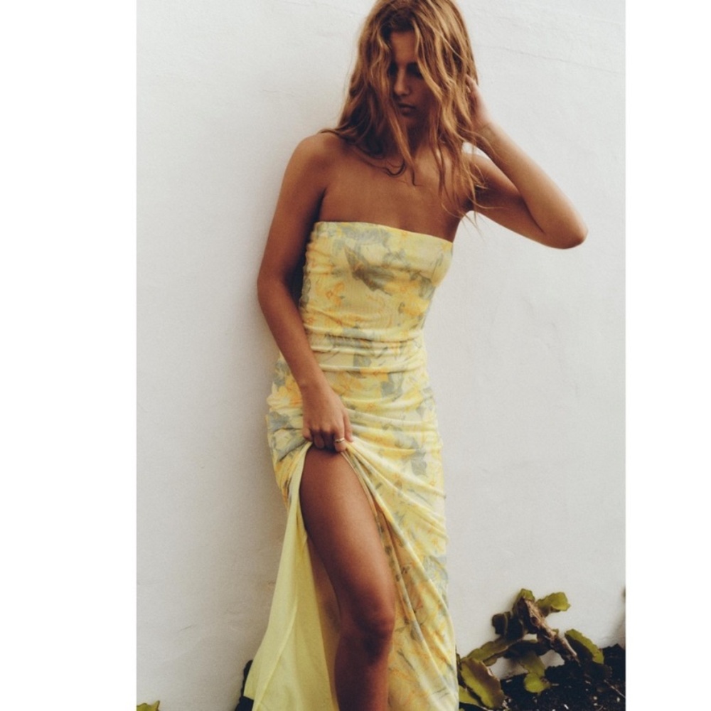 Zara Strapless Yellow and Gray Midi Dress